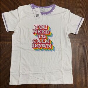 Lola + The Boys White Tee with Rainbow 'You Need To Calm Down' Graphic